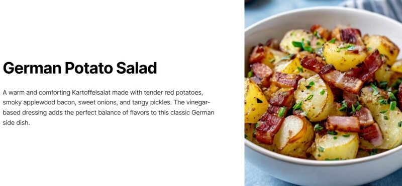 German Potato Salad. Warm Kartoffelsalat of red potatoes, applewood smoked bacon, onions, pickles and vinegar