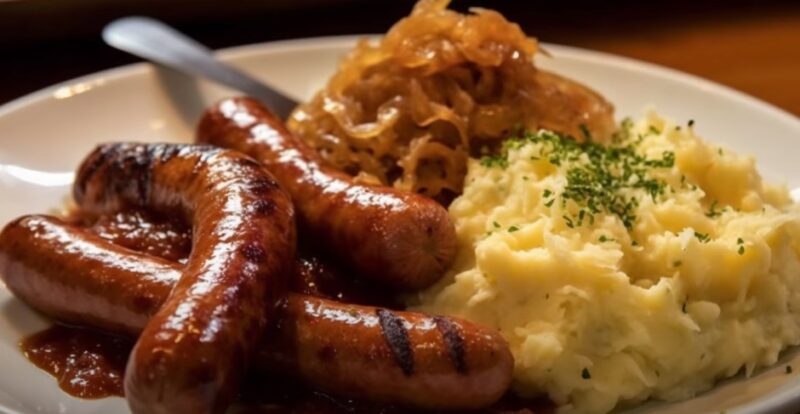 Knackwurst, sauerkraut and mashed potatoes