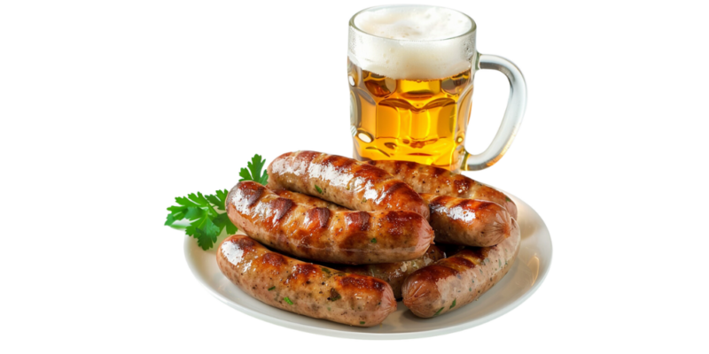 bratwurst on plate and beer